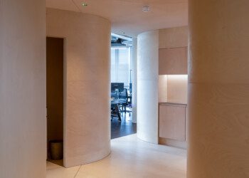 Timber clad office interior at Consensys timber clad modern office interior