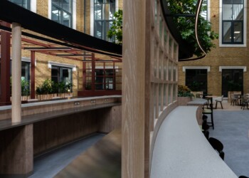 Bespoke joinery in One Arlington Square atrium Joinery at one arlington square office fit out