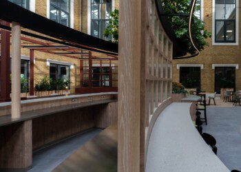 Bespoke joinery in One Arlington Square atrium Joinery at one arlington square office fit out