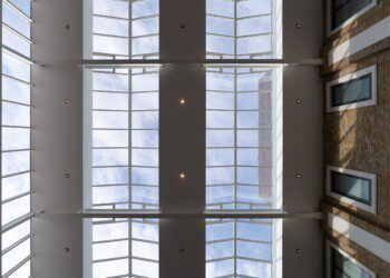 Glass atrium ceiling at One Arlington Square glass atrium ceiling viewed from beneath