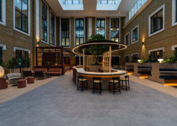 One Arlington Square atrium at dusk illuminated atrium at one arlington square at dusk