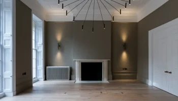 Modern chandelier at 21 Bedford Square Modern chandelier in Georgian townhouse