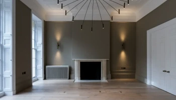 Modern chandelier at 21 Bedford Square Modern chandelier in Georgian townhouse