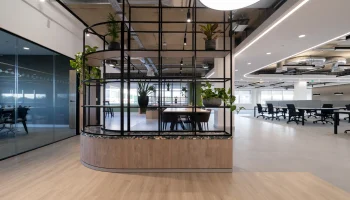 Industrial style office partition shelving on 3rd floor Arlington Square Industrial style office partition shelving