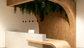 Bespoke timber reception desk with hanging plants on ground floor Arlington Square Bespoke wooden reception desk with hanging plants on ground floor Arlington Square