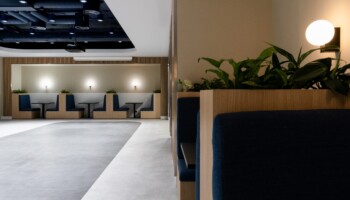 Booth seating at Acturis office in Hatton Garden Booth seating at Acturis office fit out in Hatton Garden