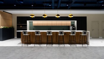 Illuminated kitchen area at Acturis office Hatton Garden Illuminated kitchen area at Acturis office fit out in Hatton Garden