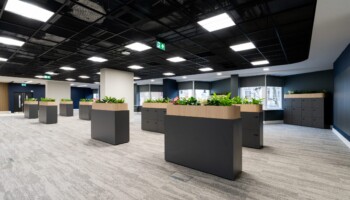 Planter cabinets at Acturis office Hatton Garden dark grey cabinetry at Acturis office fit out in Hatton Garden